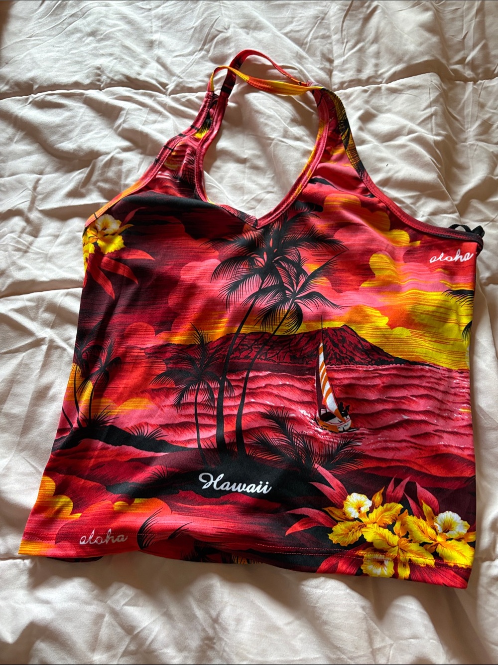 Tropical Aloha Print Women's Crop Tank Top - Red & Yellow
